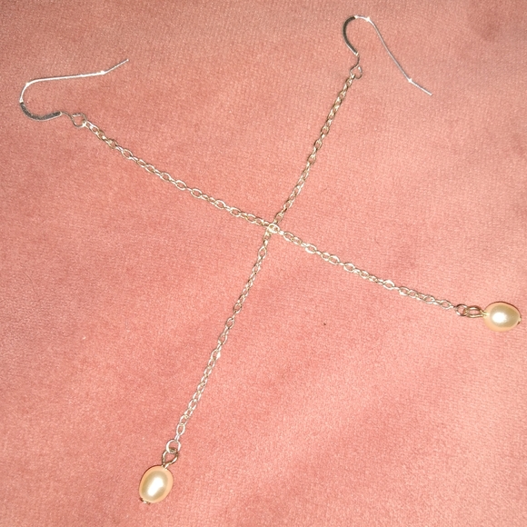 Pearl Long Delicate Chain Handmade Earrings Solid 925 Sterling Silver Ear Wires - Picture 3 of 8